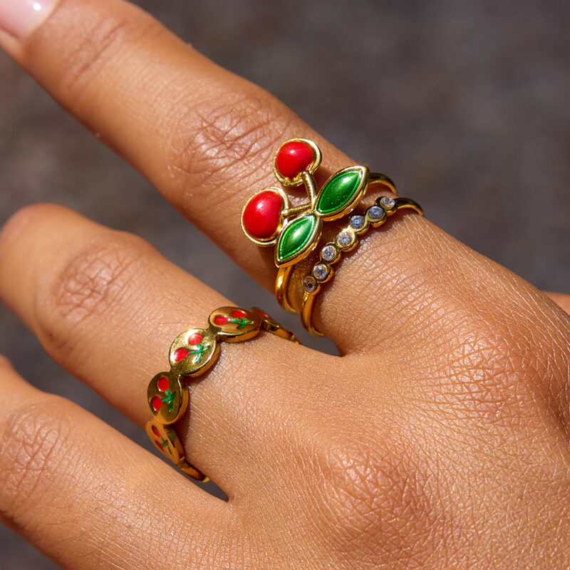 Gold Stainless Steel Cherry Enamel Adjustable Ring - Image 2
