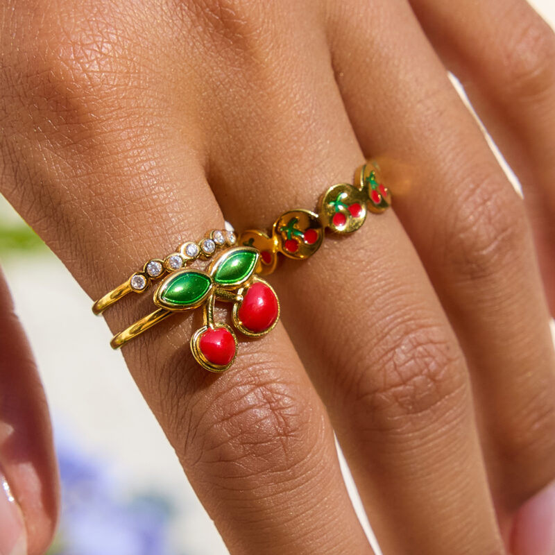 Gold Stainless Steel Double Layer Cherry Enamel Ring - Image 3