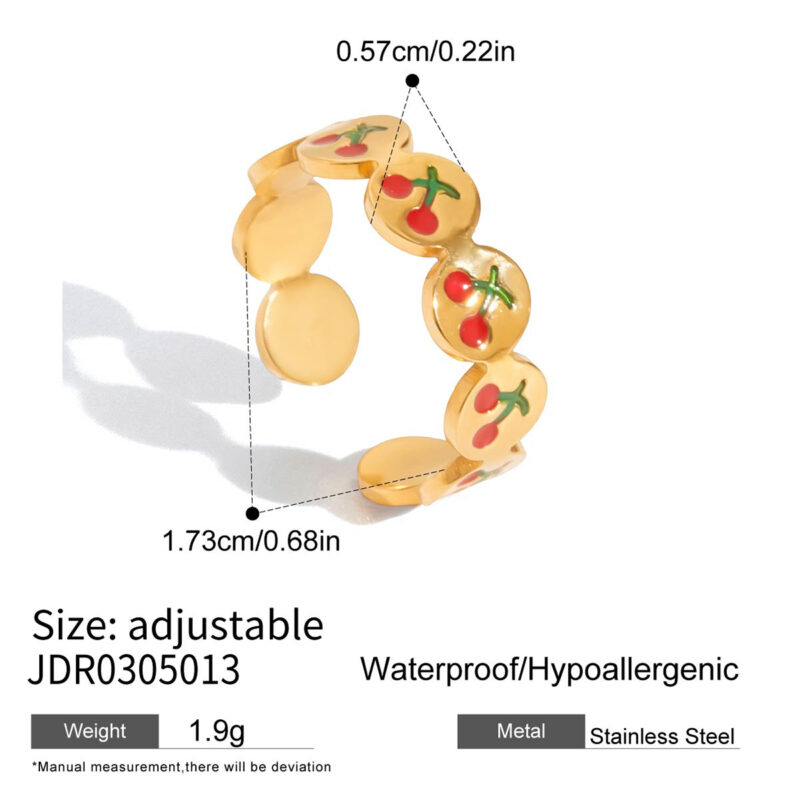 Gold Stainless Steel Cherry Enamel Adjustable Ring - Image 4