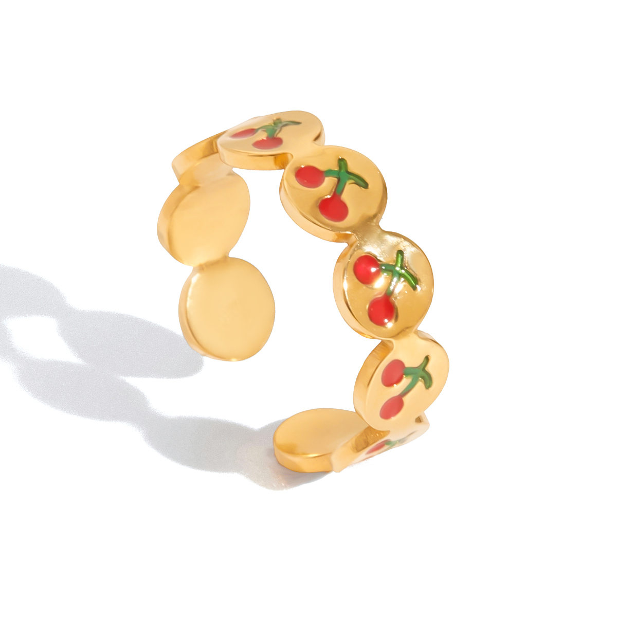 Gold Stainless Steel Cherry Enamel Adjustable Ring