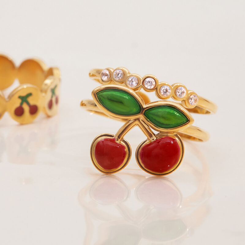 Gold Stainless Steel Double Layer Cherry Enamel Ring - Image 4