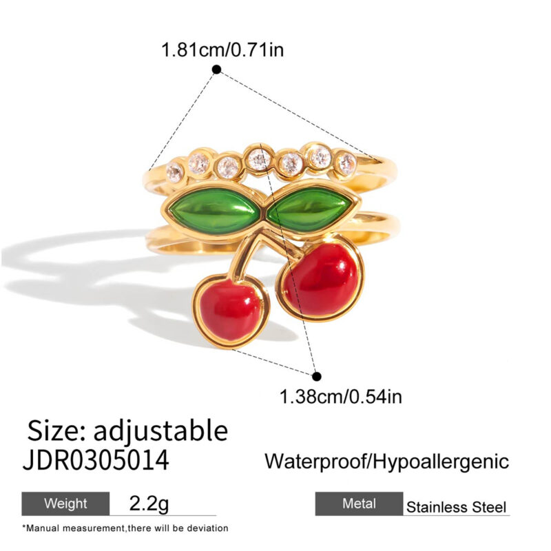 Gold Stainless Steel Double Layer Cherry Enamel Ring - Image 5