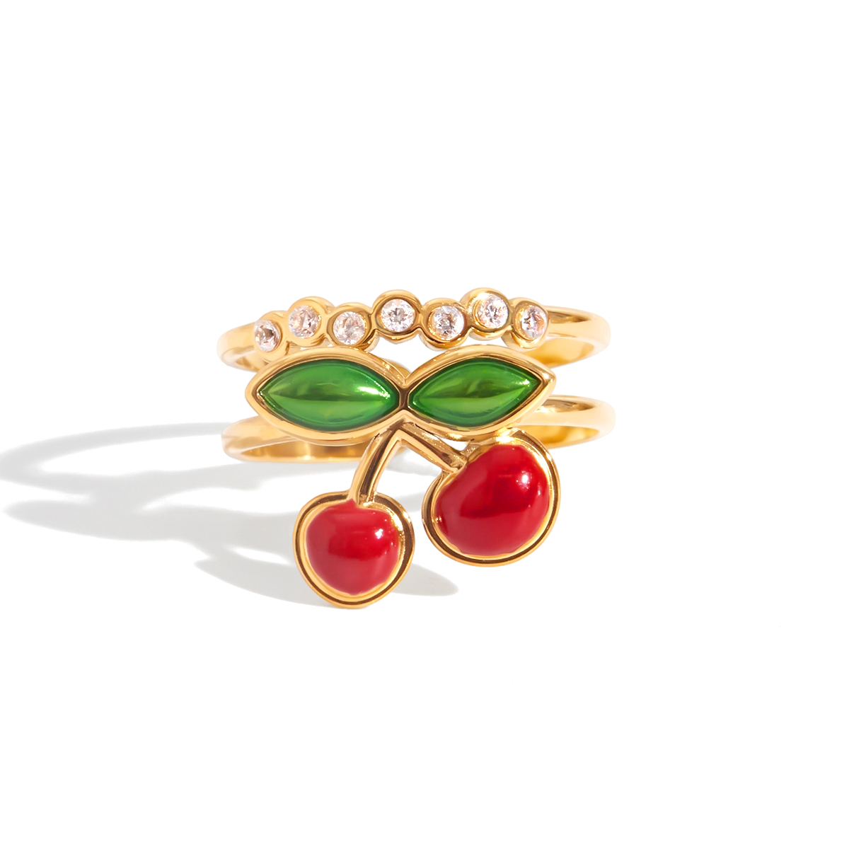 Gold Stainless Steel Double Layer Cherry Enamel Ring