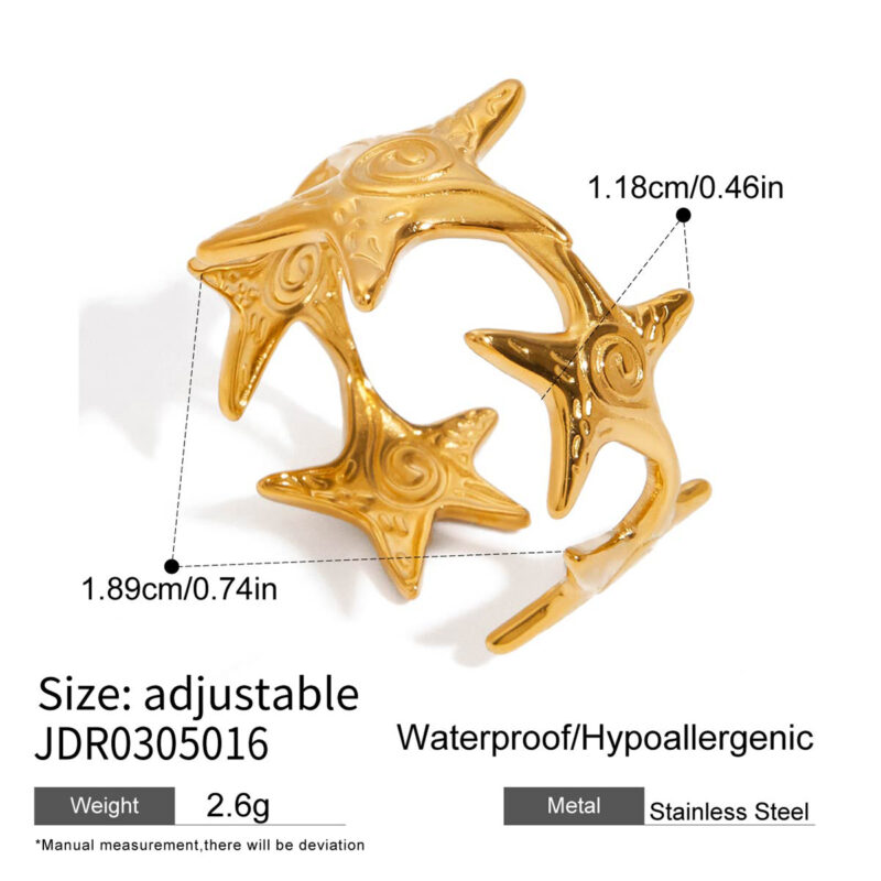 Gold Stainless Steel Adjustable Starfish Ring - Image 4
