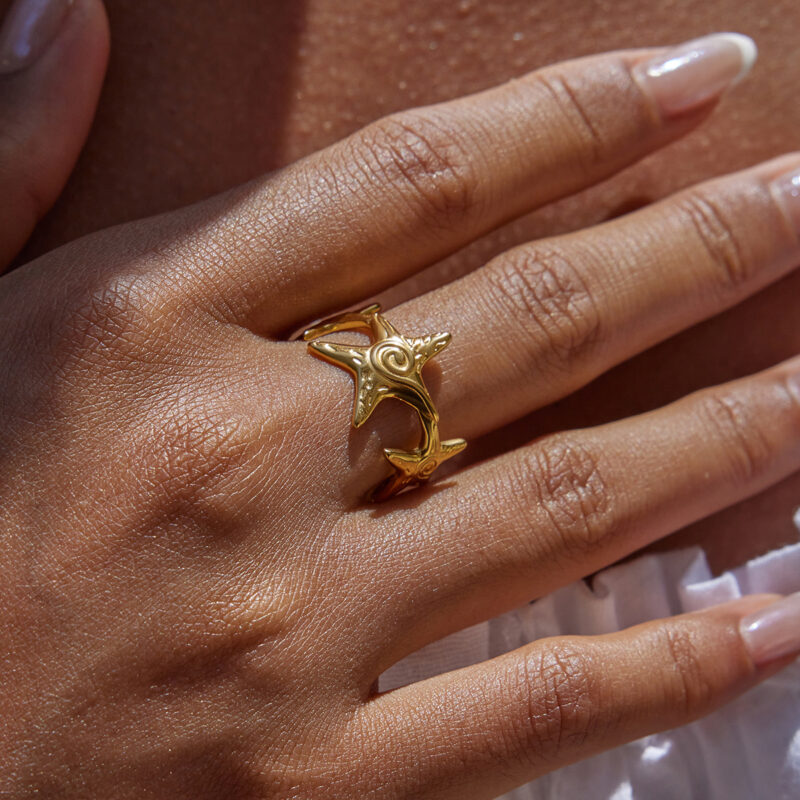 Gold Stainless Steel Adjustable Starfish Ring - Image 2