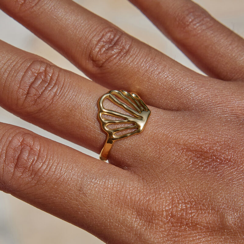 Gold Stainless Steel Hollow Shell Adjustable Ring - Image 2