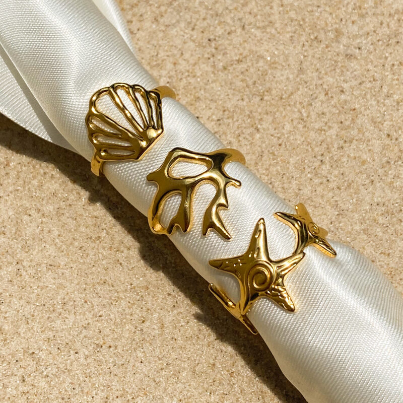 Gold Stainless Steel Hollow Shell Adjustable Ring - Image 4