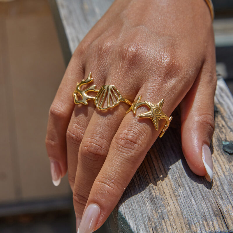 Gold Stainless Steel Hollow Shell Adjustable Ring - Image 3