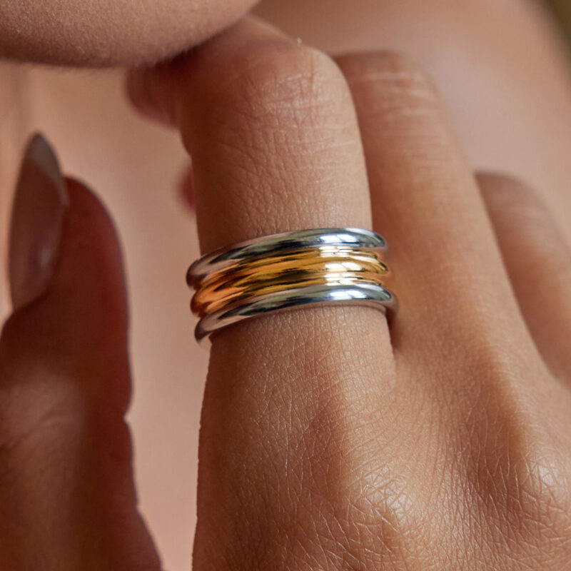 Gold Silver Three Layer Linear Ring - Image 2