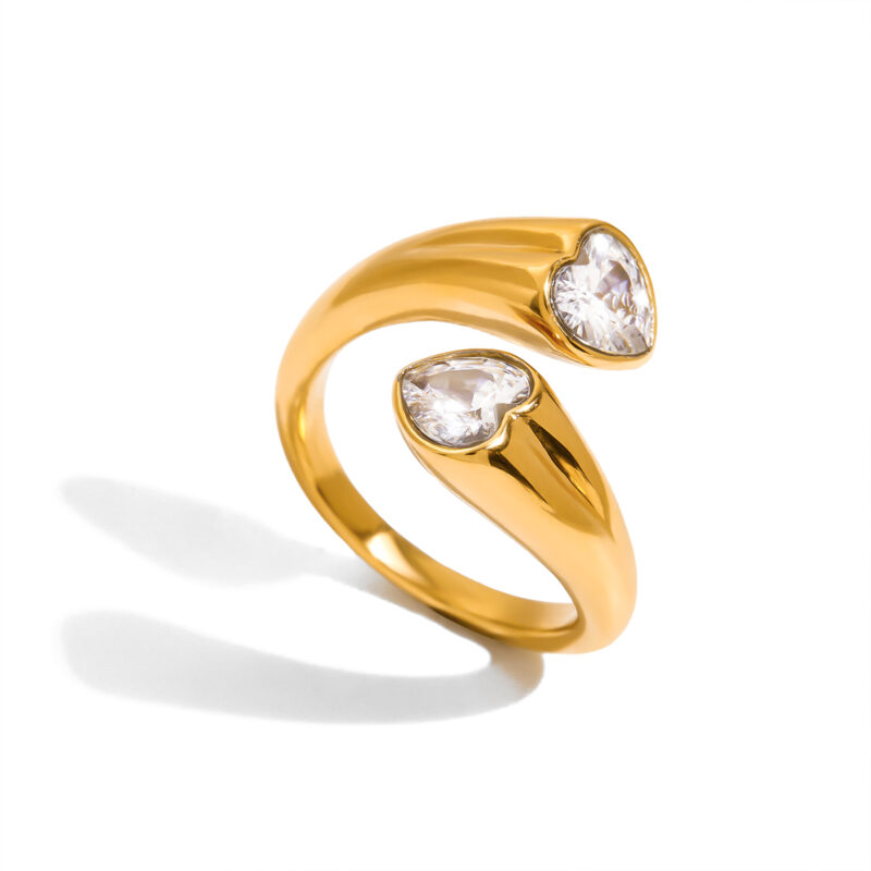 Gold Stainless Steel White Heart Zirconia Ring