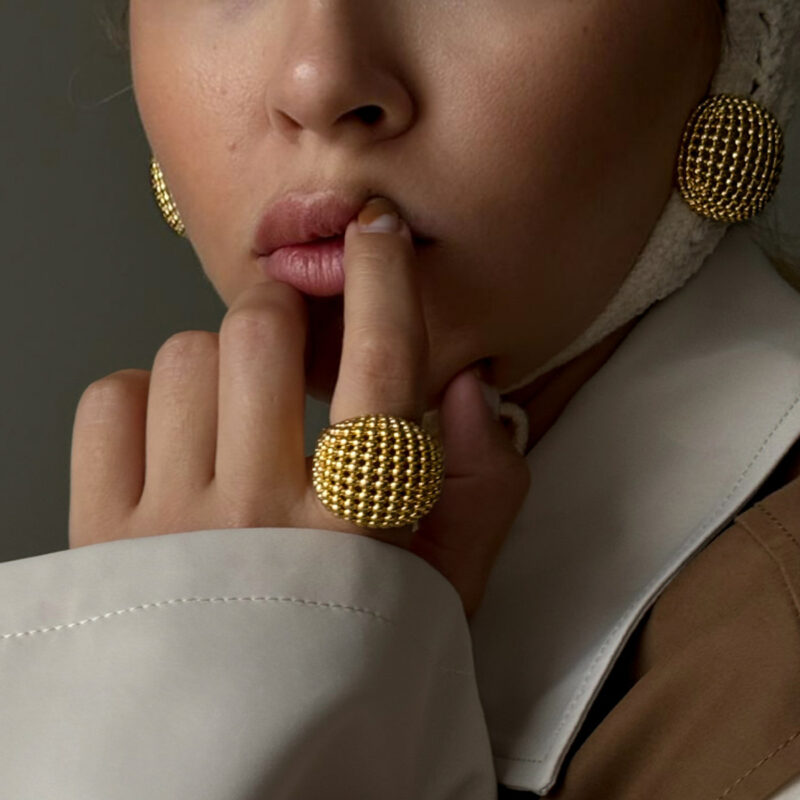 Gold Stainless Steel Hollow Mesh Ball Ring - Image 2
