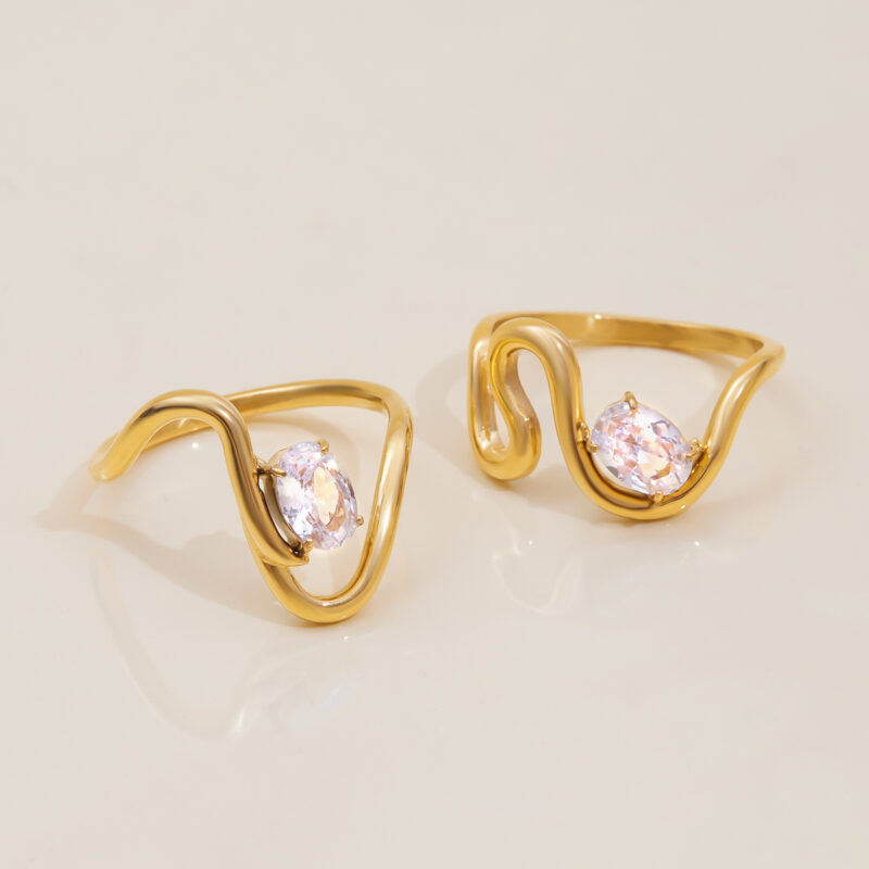 Gold Stainless Steel Oval White Zircon Wave Ring - Image 4