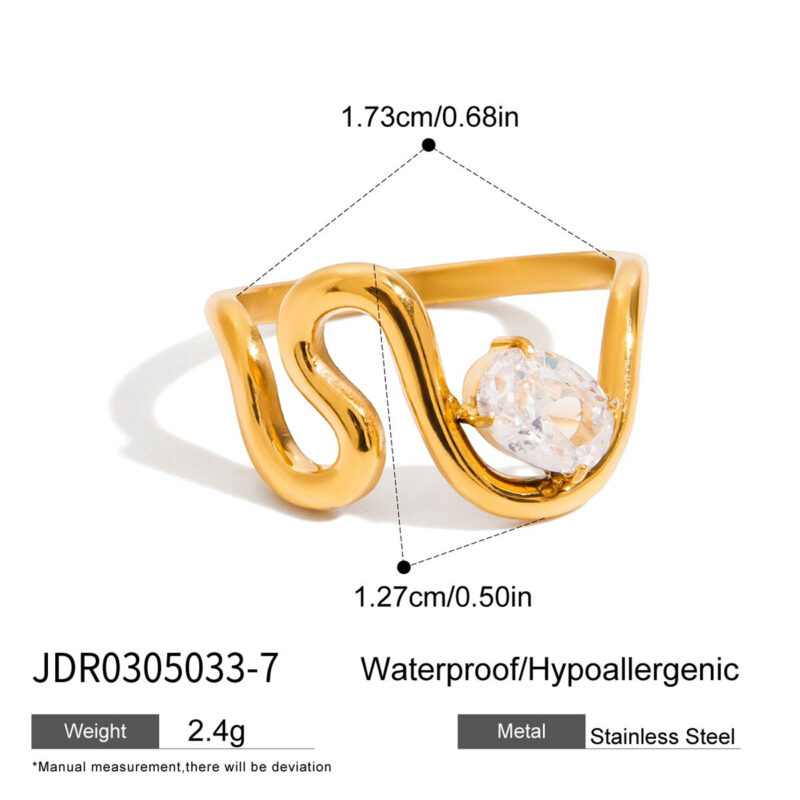 Gold Stainless Steel Oval White Zircon Wave Ring - Image 5