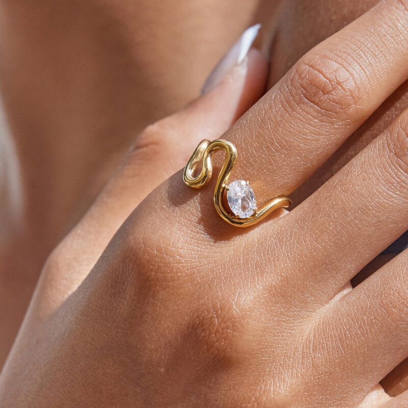 Gold Stainless Steel Oval White Zircon Wave Ring - Image 3