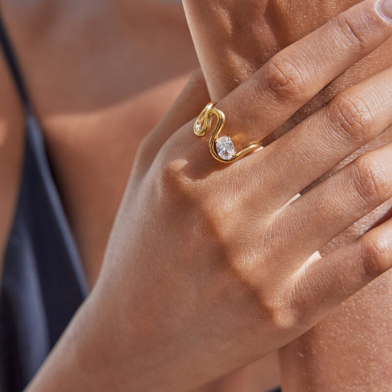 Gold Stainless Steel Oval White Zircon Wave Ring - Image 2