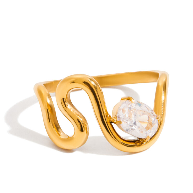 Gold Stainless Steel Oval White Zircon Wave Ring