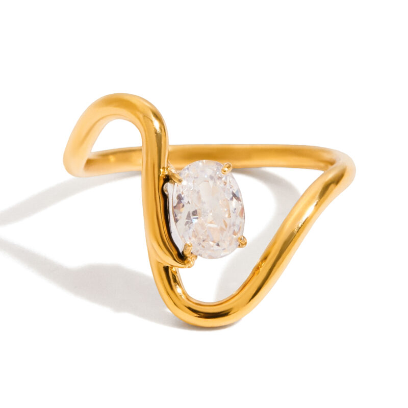 Gold Stainless Steel Oval Line Zircon Ring