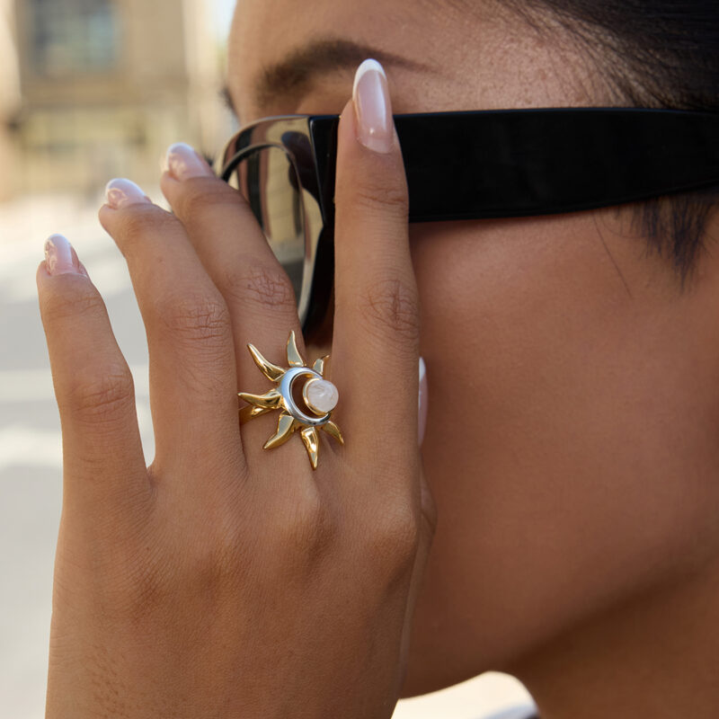 Two Tone Moonstone Sun Open Adjustable Ring - Image 3