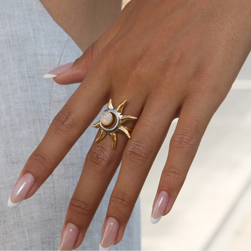 Two Tone Moonstone Sun Open Adjustable Ring - Image 2