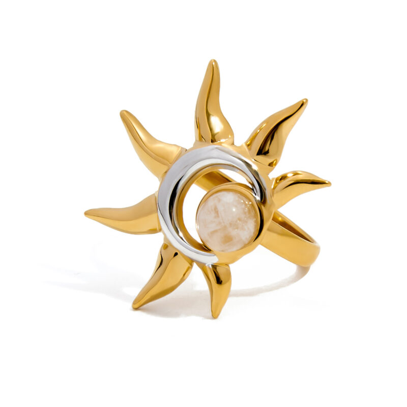 Two Tone Moonstone Sun Open Adjustable Ring