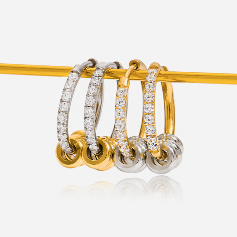 Gold Silver White Diamond Steel Circle Earrings - Image 5