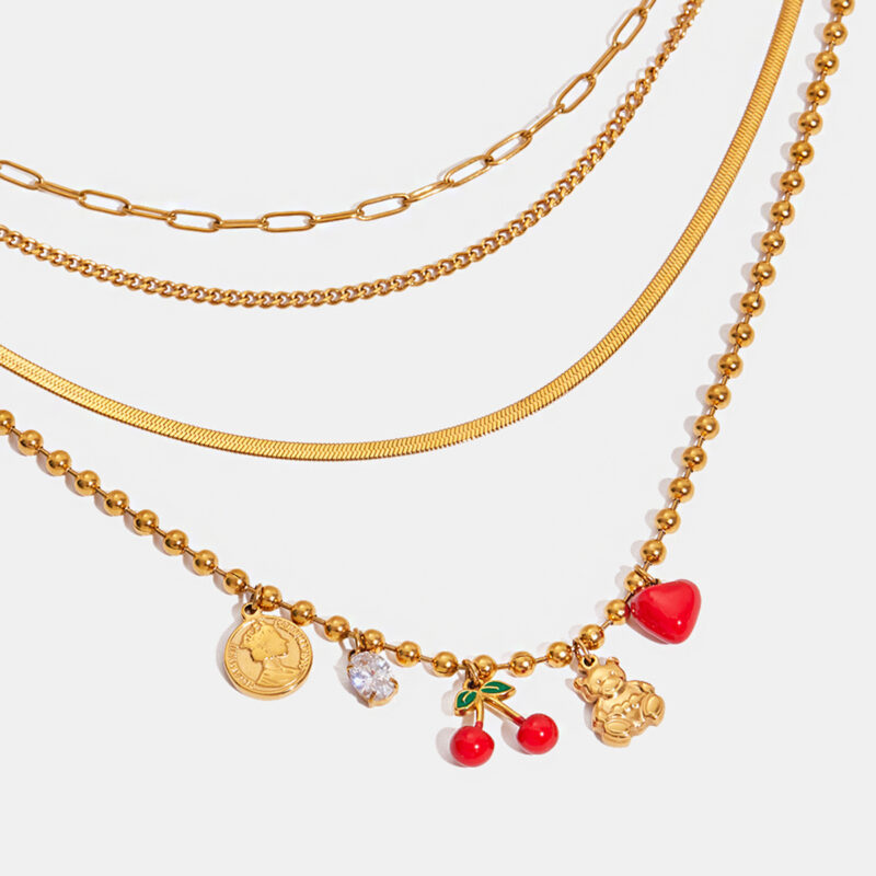 Red Cherry Heart Coin Bear Pendant Necklace - Image 4