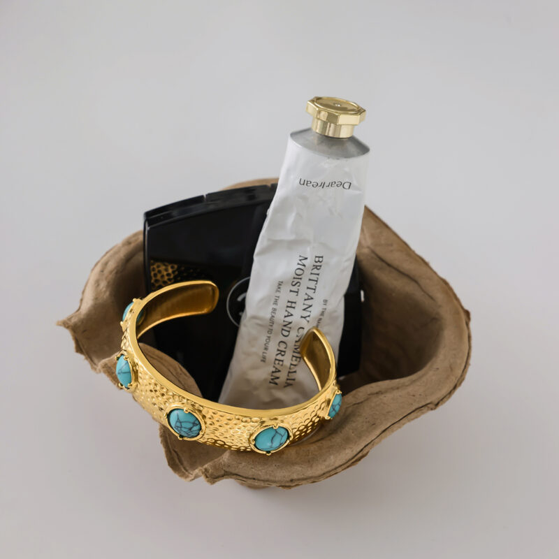 Hammered Open Bangle with Blue Turquoise - Image 5