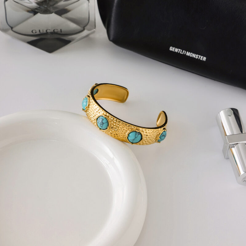 Hammered Open Bangle with Blue Turquoise - Image 4