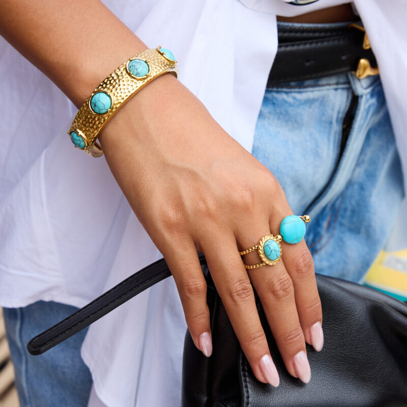 Hammered Open Bangle with Blue Turquoise - Image 2