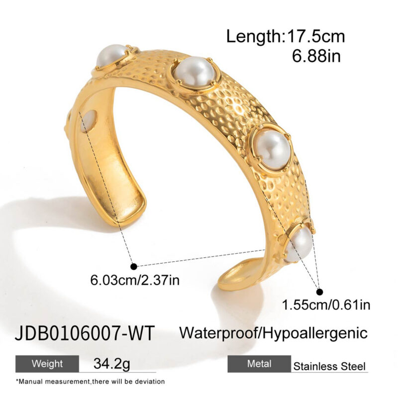 Hammered Open Bangle with White Resin Pearl - Image 6