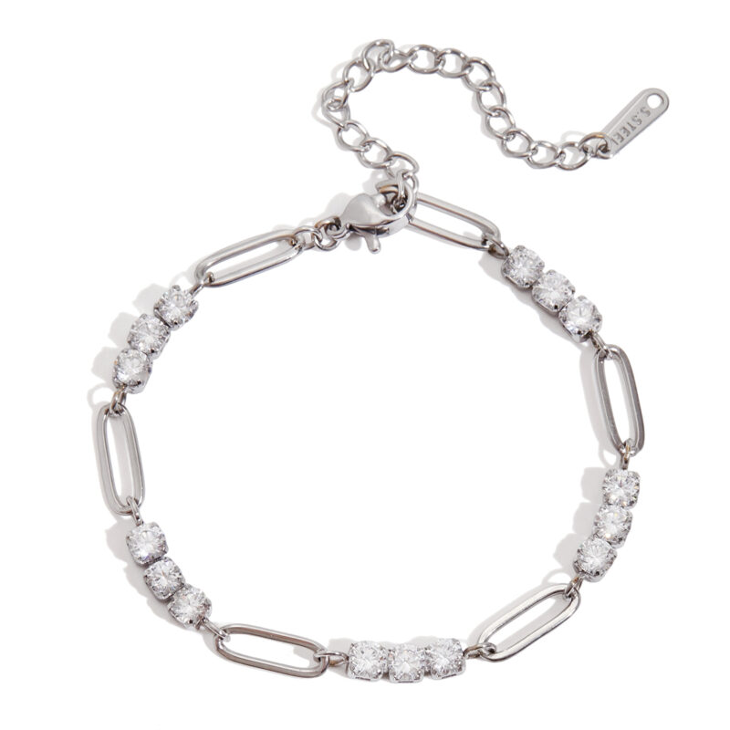 Stainless Steel Paperclip Zircon Charm Bracelet