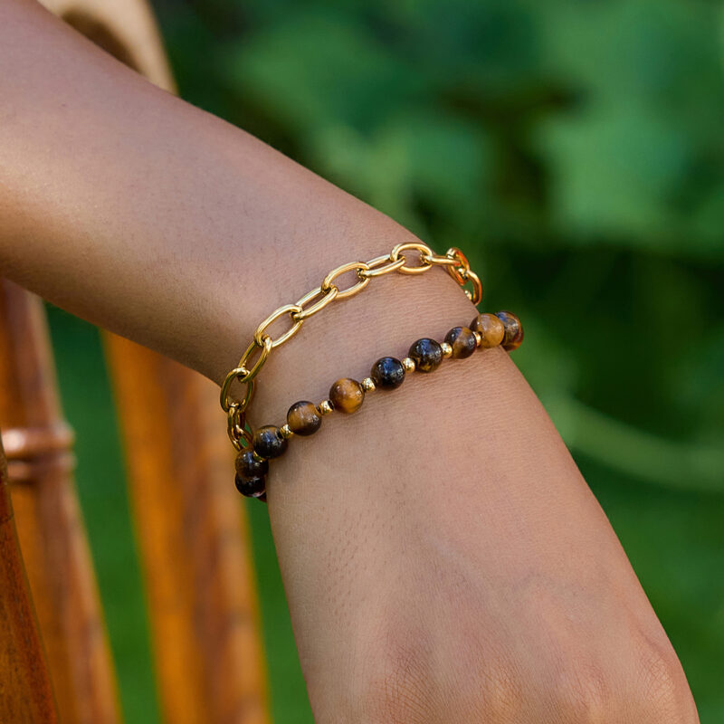 Tiger Eye Beaded Bracelet with Cross Chain - Image 4