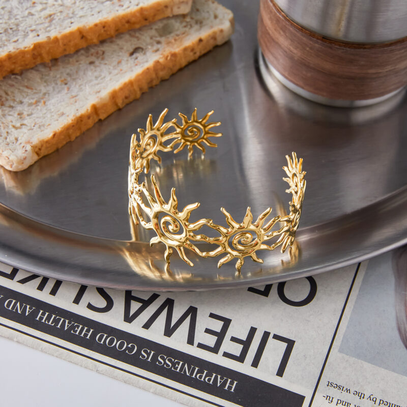 Hammered Spiral Hollow Sun Open Cuff Bracelet - Image 5