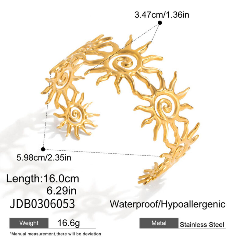 Hammered Spiral Hollow Sun Open Cuff Bracelet - Image 6