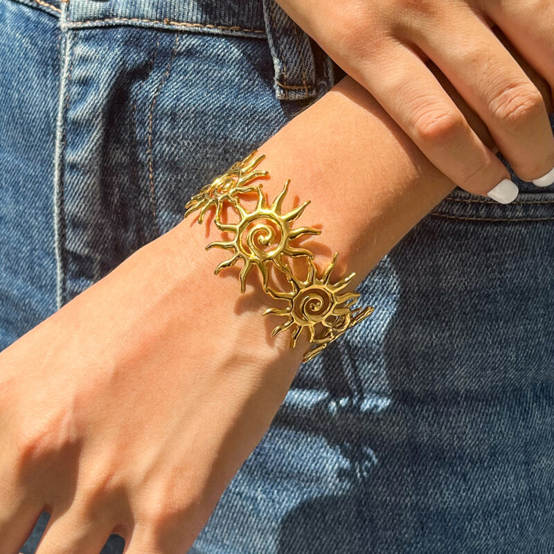 Hammered Spiral Hollow Sun Open Cuff Bracelet - Image 4