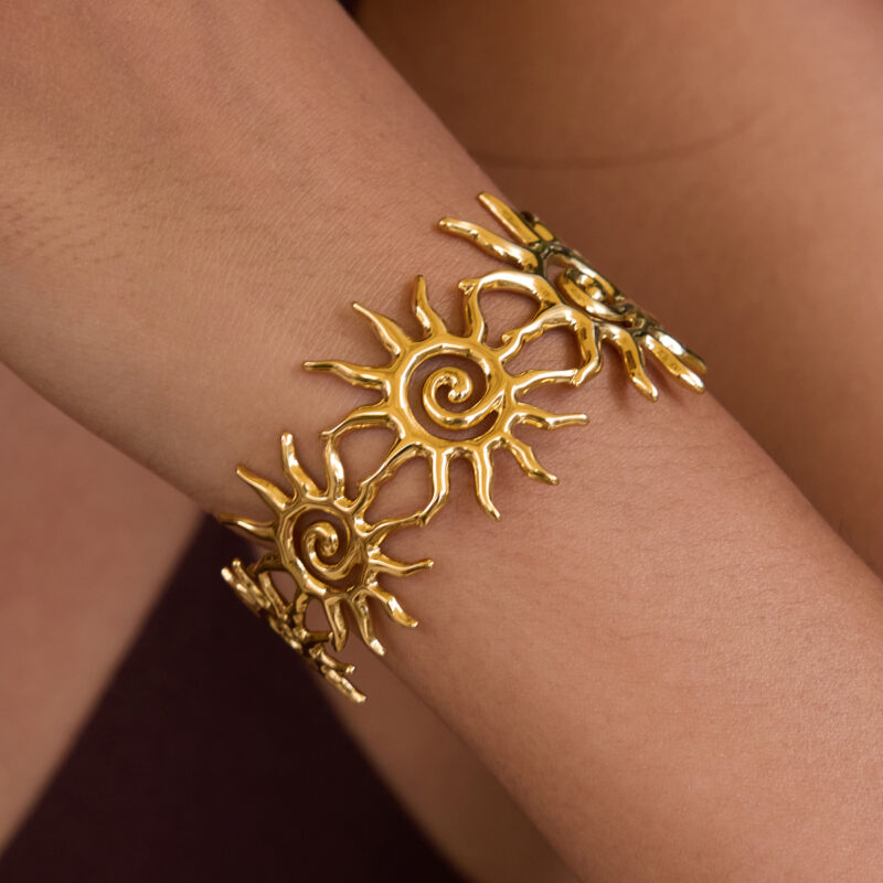 Hammered Spiral Hollow Sun Open Cuff Bracelet - Image 2
