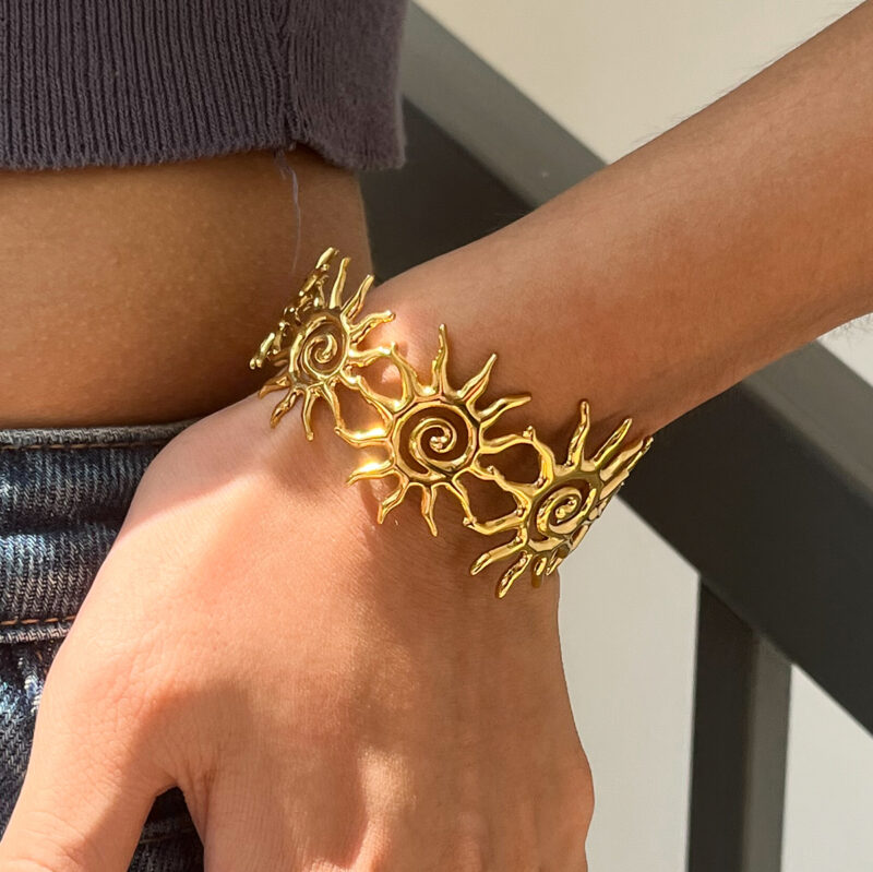 Hammered Spiral Hollow Sun Open Cuff Bracelet - Image 3