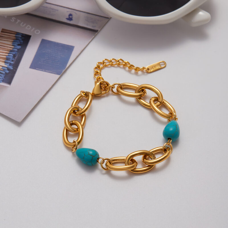 Wide Oval Link Bracelet with Blue Turquoise - Image 4