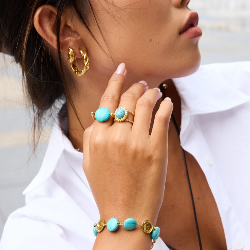 Button Turquoise Smooth U-Shaped Ring - Image 2
