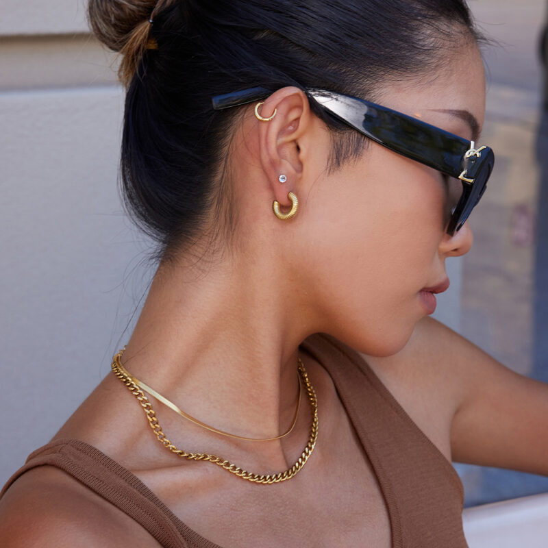 Textured Ribbed C Hoop Earrings 14K Gold - Image 3