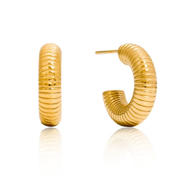 Textured Ribbed C Hoop Earrings 14K Gold