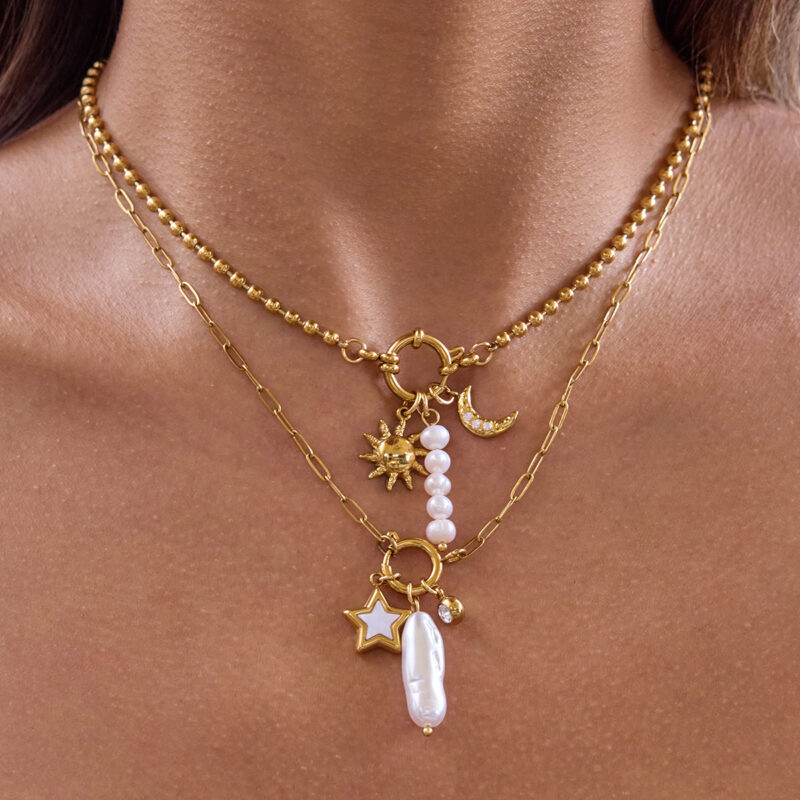 Shell Star Pearl Zircon Pendant Chain Necklace - Image 3