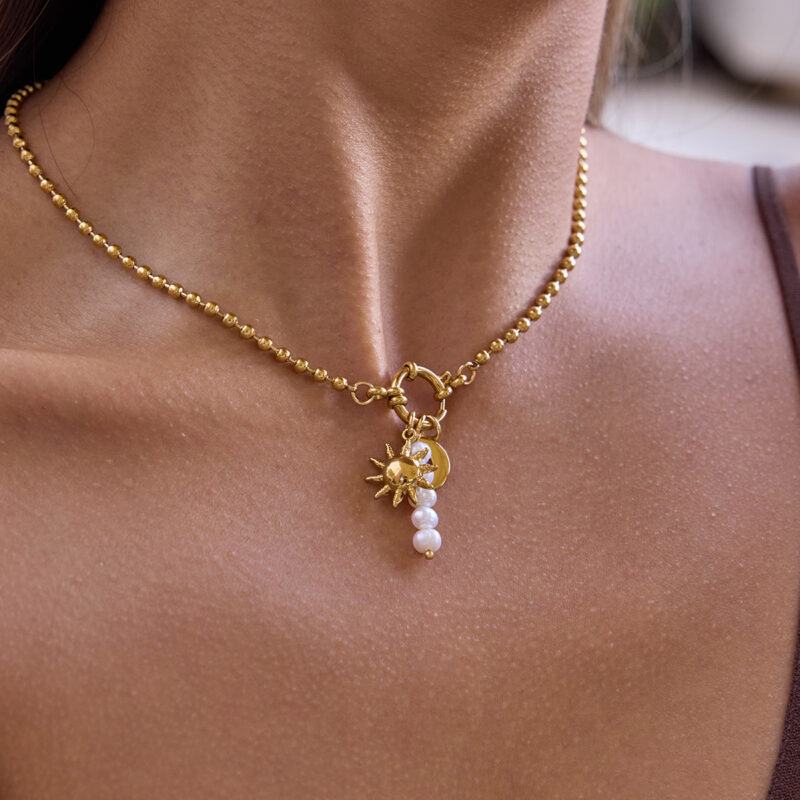 Moon Sun Pearl Pendant Bead Chain Necklace - Image 2
