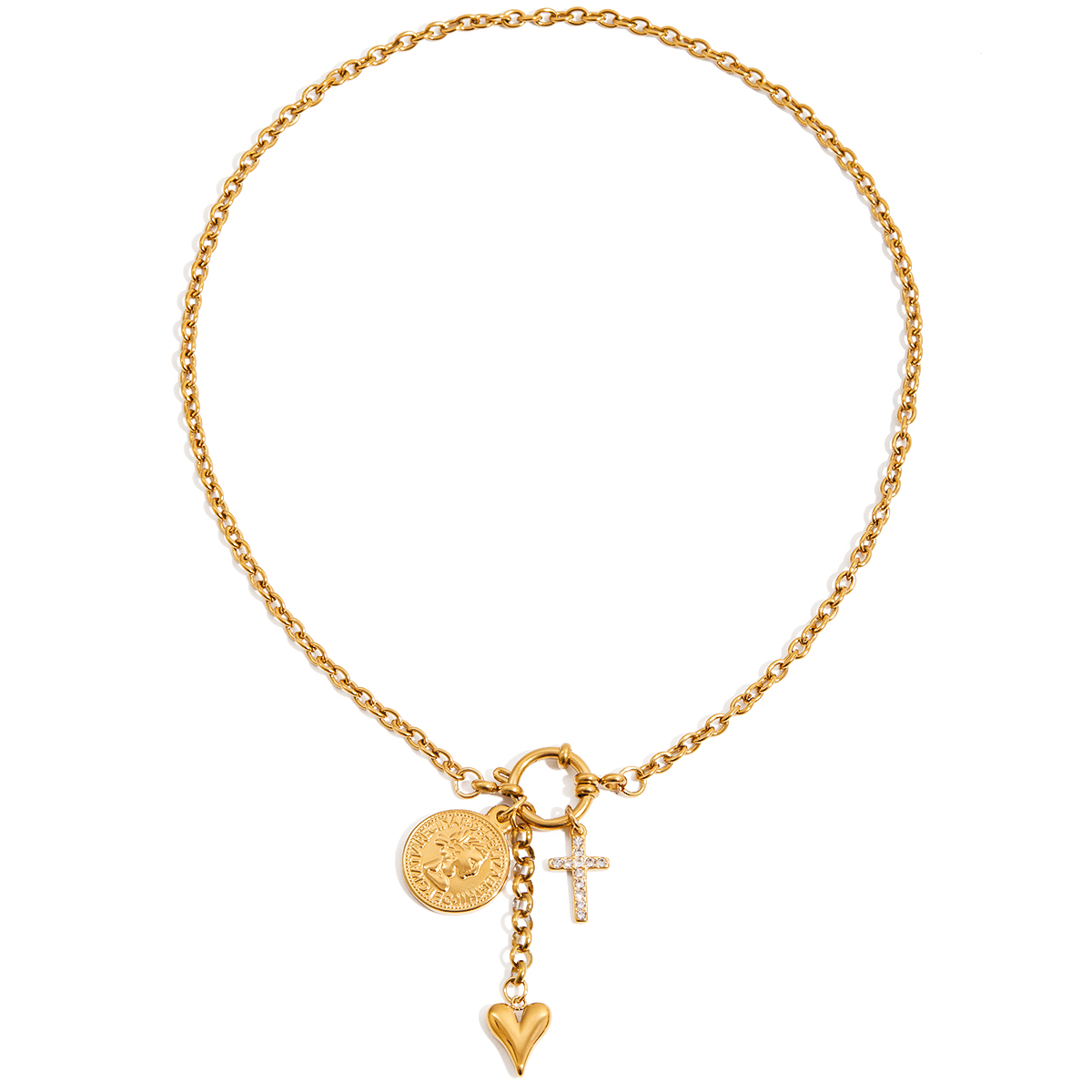 Cross Coin Heart Pendant Chain Necklace