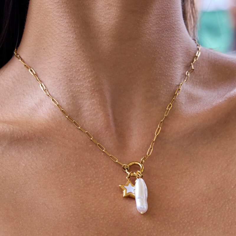 Shell Star Pearl Zircon Pendant Chain Necklace - Image 2