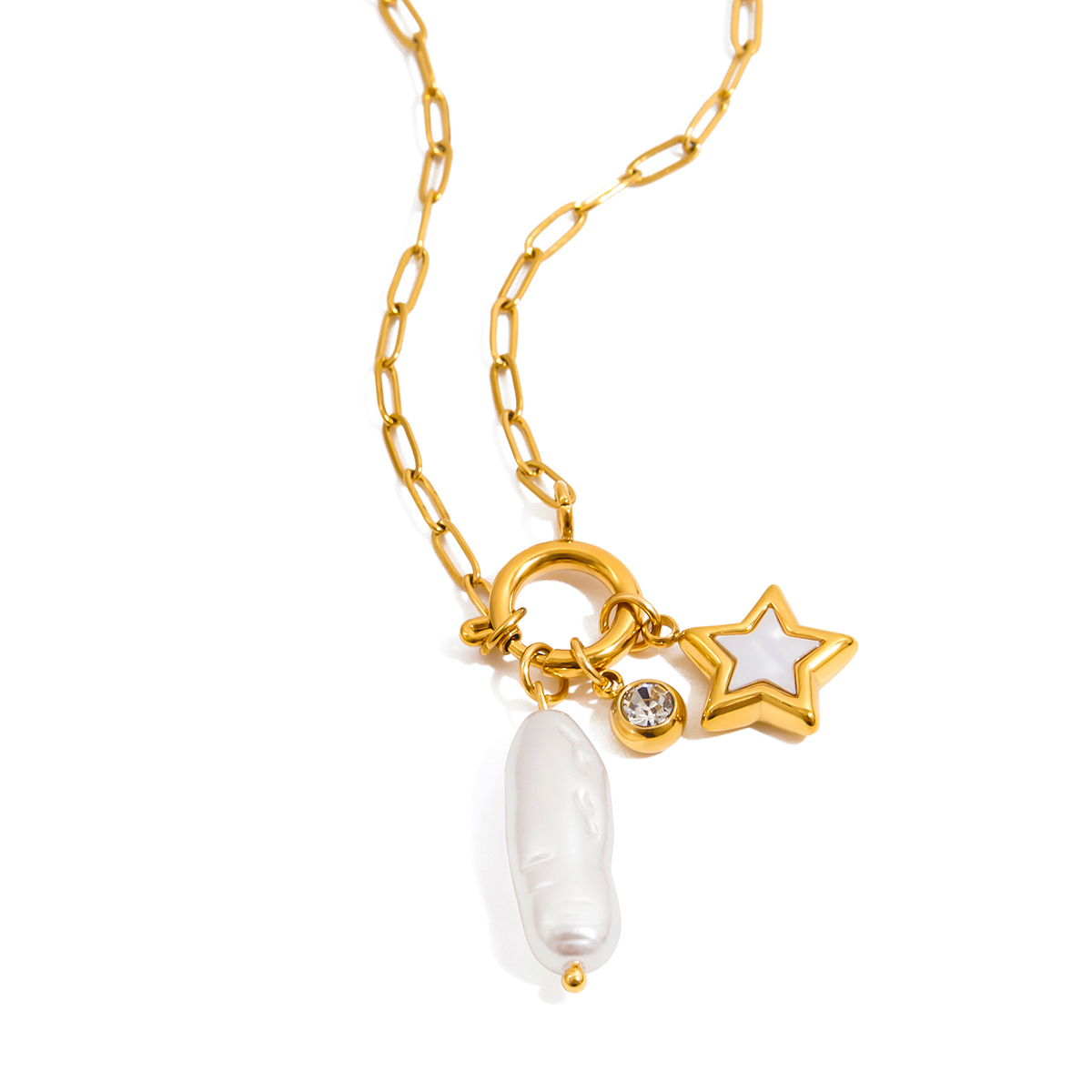 Shell Star Pearl Zircon Pendant Chain Necklace