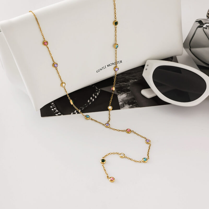 Gold Plated Y Necklace with Colorful Rhinestone Drop - Image 5