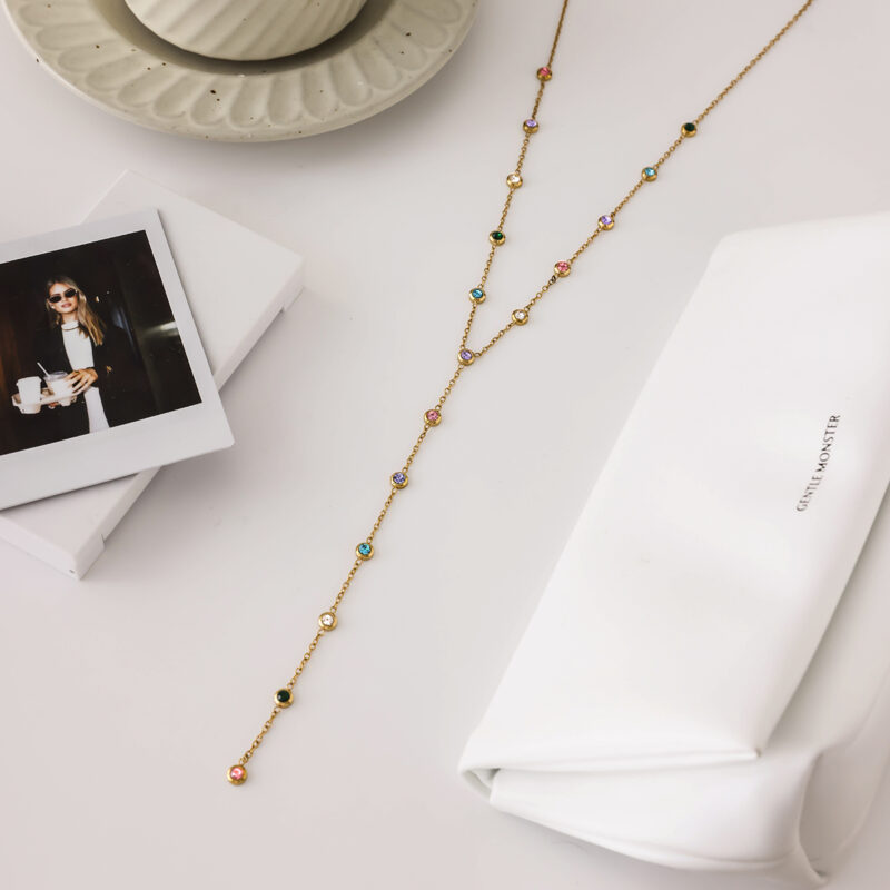 Gold Plated Y Necklace with Colorful Rhinestone Drop - Image 4
