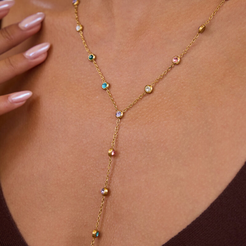 Gold Plated Y Necklace with Colorful Rhinestone Drop - Image 3