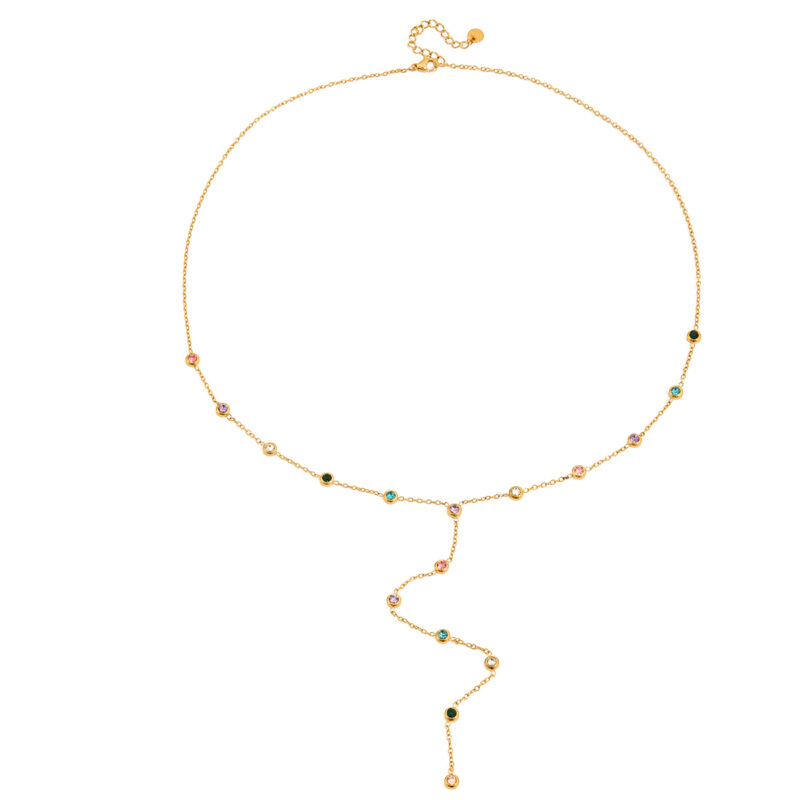 Gold Plated Y Necklace with Colorful Rhinestone Drop